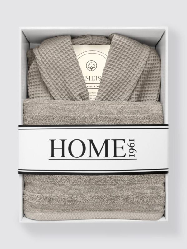 birlik1952 home1961 elmas petek pike banyo bornoz bathrobe robe bath turkish cotton hand towel set gift box hediye kutulu bornoz seti pamuklu el havlusu brown kahve bej beige