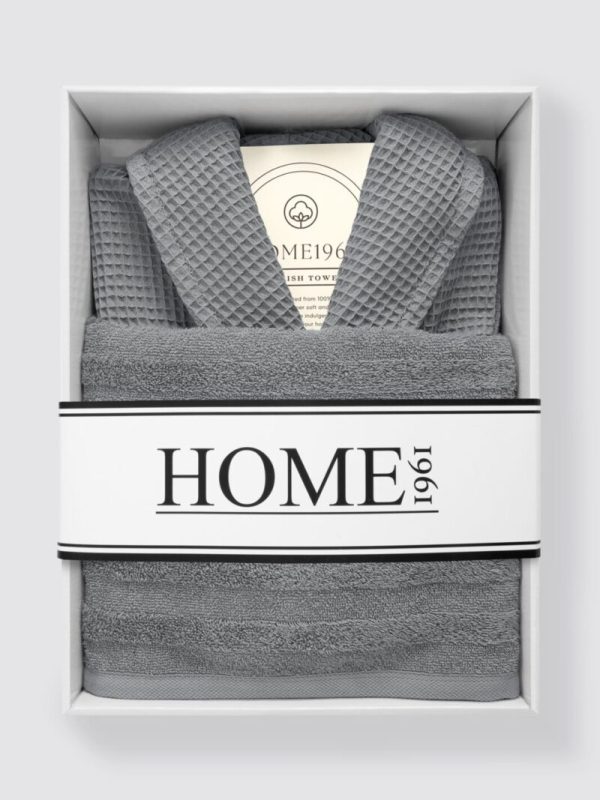 birlik1952 home1961 elmas petek pike banyo bornoz bathrobe robe bath turkish cotton hand towel set gift box hediye kutulu bornoz seti pamuklu el havlusu antrasit gri grey