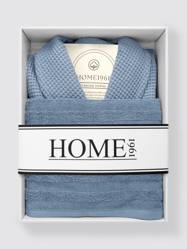 birlik1952 home1961 elmas petek pike banyo bornoz bathrobe robe bath turkish cotton hand towel set gift box hediye kutulu bornoz seti pamuklu el havlusu indigo mavi blue