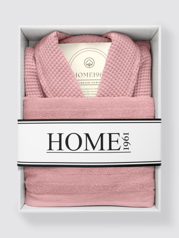 birlik1952 home1961 elmas petek pike banyo bornoz bathrobe robe bath turkish cotton hand towel set gift box hediye kutulu bornoz seti pamuklu el havlusu rose gül rengi pembe