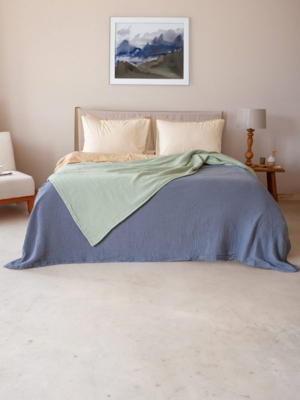 birlik1952 8 kat layer gauze müslin crinkle double side çift taraflı cotton bedspread swaddle quilt bedroom indigo adaçayı blue sage green