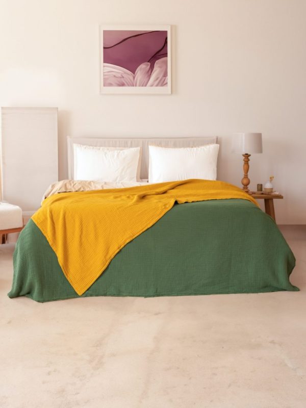 birlik1952 8 kat layer gauze müslin crinkle double side çift taraflı cotton bedspread swaddle quilt bedroom hardal mustard royal green yeşil