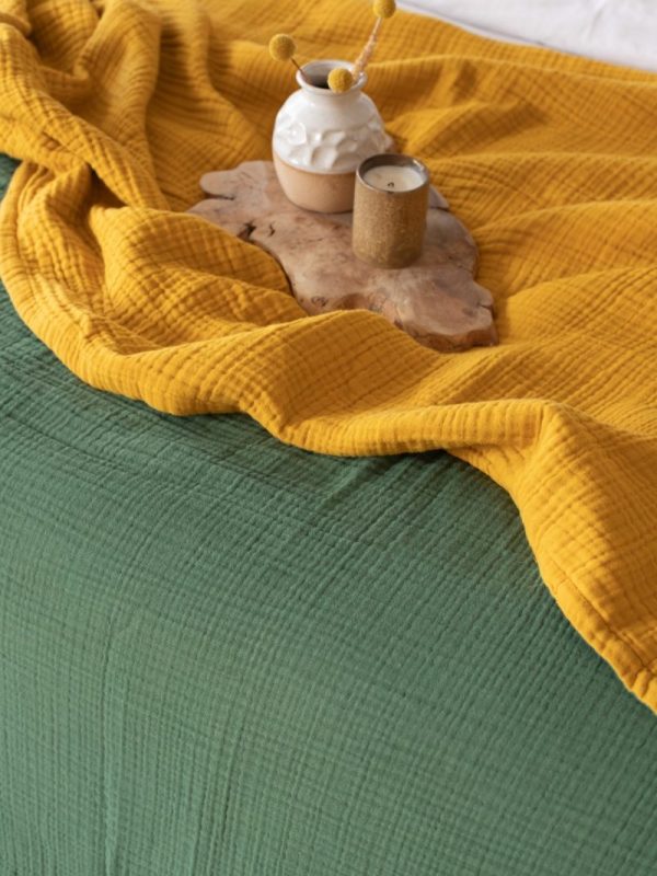 birlik1952 8 kat layer gauze müslin crinkle double side çift taraflı cotton bedspread swaddle quilt bedroom hardal mustard royal green yeşil