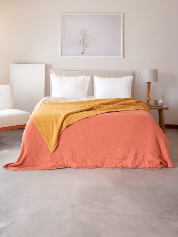 birlik1952 8 kat layer gauze müslin crinkle double side çift taraflı cotton bedspread swaddle quilt bedroom terracota hardal mustard kiremit