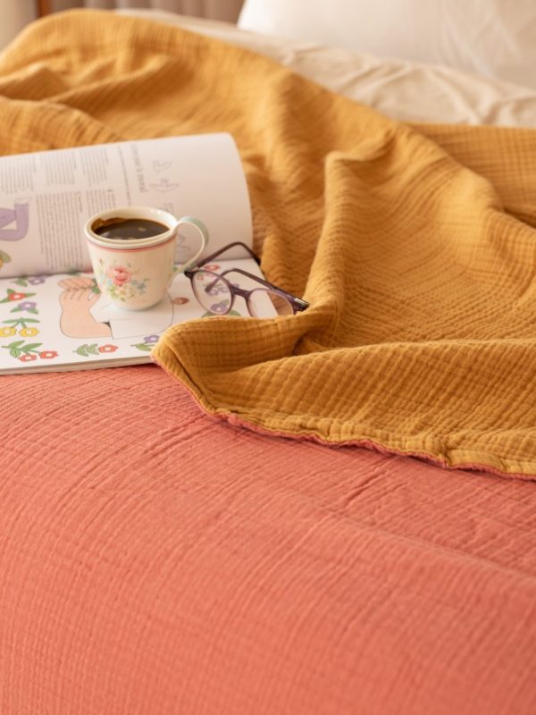 birlik1952 8 kat layer gauze müslin crinkle double side çift taraflı cotton bedspread swaddle quilt bedroom terracota hardal mustard kiremit