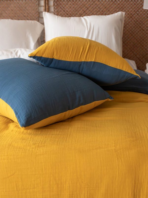 birlik1952 2 kat gauze muslin double side çift yönlü taraflı nevresim quilt cover bed linen set müslin mustard sarı yellow indigo mavi blue