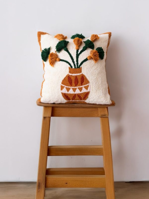 birlik1952 punch needle kırlent pillow case hand made el yapımı boho bohem linen yastık kılıfı terra vazo kahve flowers çiçekler