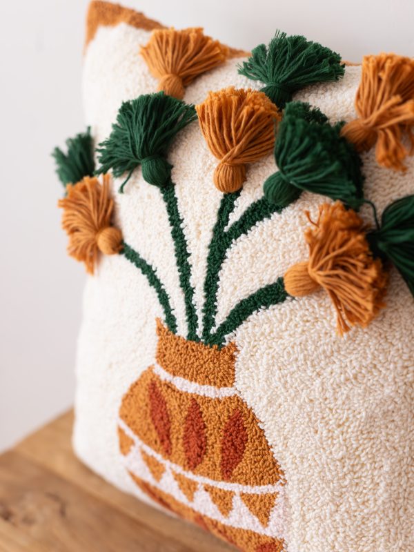 birlik1952 punch needle kırlent pillow case hand made el yapımı boho bohem linen yastık kılıfı terra vazo kahve flowers çiçekler