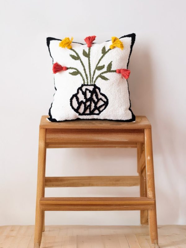 birlik1952 punch needle kırlent pillow case hand made el yapımı boho bohem linen yastık kılıfı terra vazo sarı flowers çiçekler