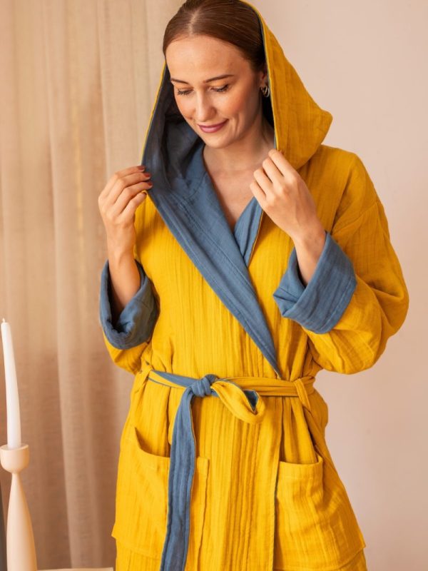 birlik1952 vivamaison double side müslin 2 4 kat layer gauze bathrobe robe bornoz indigo mustard
