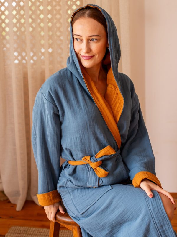 birlik1952 vivamaison double side müslin 2 4 kat layer gauze bathrobe robe bornoz indigo karamel caramel