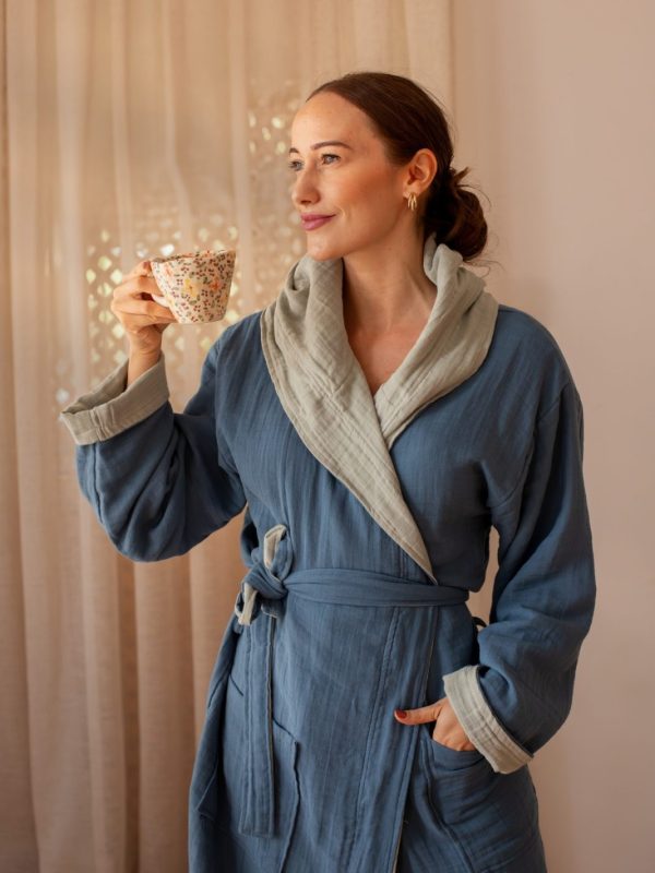 birlik1952 vivamaison double side müslin 2 4 kat layer gauze bathrobe robe bornoz indigo sage green yeşil