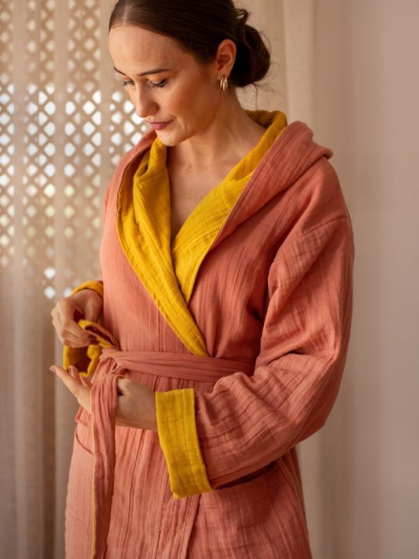 birlik1952 vivamaison double side müslin 2 4 kat layer gauze bathrobe robe bornoz terracota mustard hardal