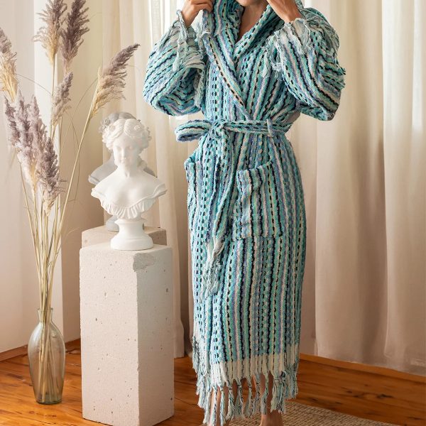 birlik1952 vivamaison bubble nohut bornoz gramajlı luxury robe bathrobe whosale cotton gökkuşağı mavi çizgili blue striped