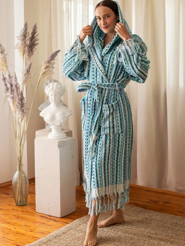 birlik1952 vivamaison bubble nohut bornoz gramajlı luxury robe bathrobe whosale cotton gökkuşağı mavi çizgili blue striped