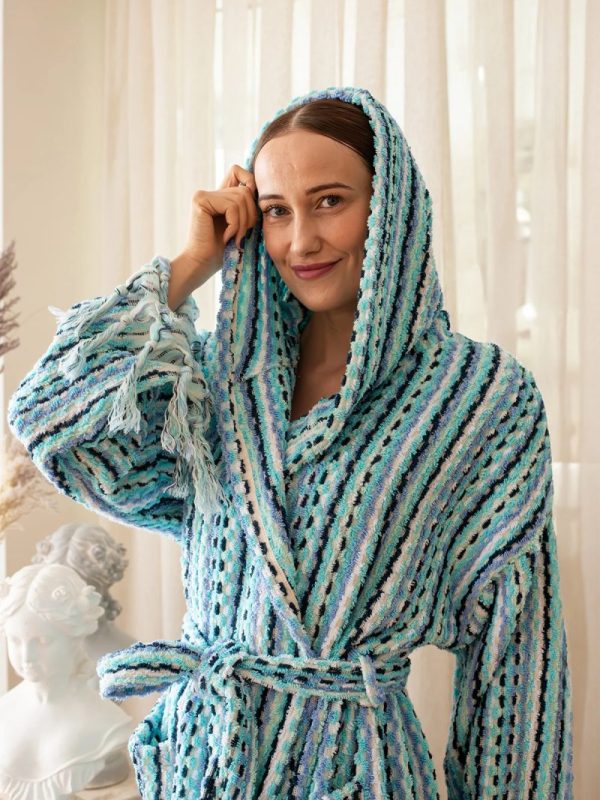 birlik1952 vivamaison bubble nohut bornoz gramajlı luxury robe bathrobe whosale cotton gökkuşağı mavi çizgili blue striped