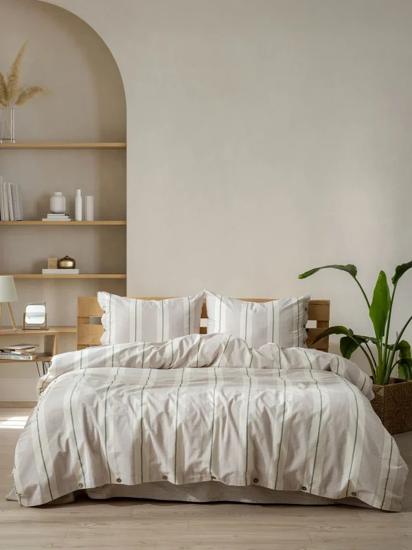 birlik1952 berolige chambray nevresim pamuklu çift kişilik king size yıkmalı iplik boya çizgili nevresim takımı antrasit bed linen sheet fabric stripe textile granite