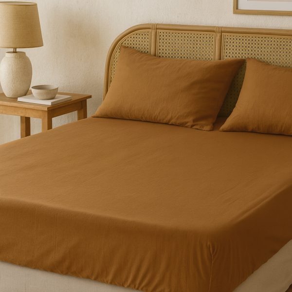 birlik1952 vivamaison pamuk keten linen cotton fabric stonwashed taş yıkama efektli çarşaf fitted sheet lastikli çift tek kişilik double size whosale alez nevresim karamel caramel teracotta