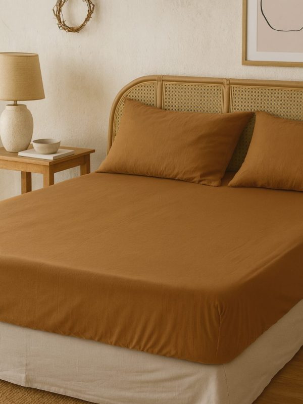 birlik1952 vivamaison pamuk keten linen cotton fabric stonwashed taş yıkama efektli çarşaf fitted sheet lastikli çift tek kişilik double size whosale alez nevresim karamel caramel teracotta