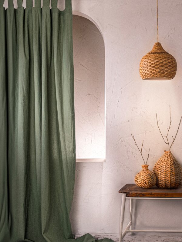 birlik1952 stonewashed perde taş yıkama eskitme keten perde linen curtain cotton fabric bohem boho bodrum toptan whosale perdeci rustik mixed all in one yeşil ceviz yeşili green wallnut sage