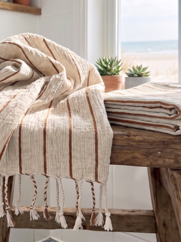 birlik1952 keten linen pamuk koton cotton peştemal beach towel plaj havlusu whosale toptan italy çizgili striped karamel caramel
